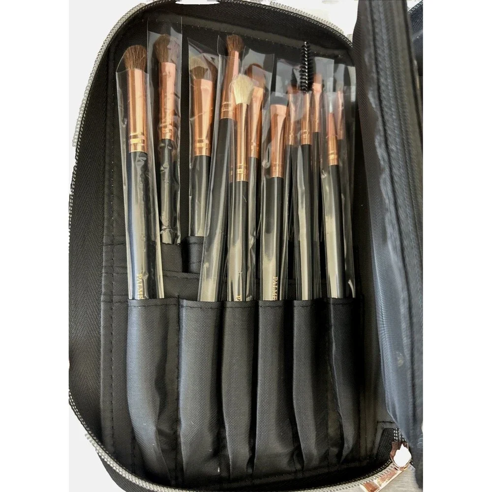 Palmero Makeup Brush Set Full Set 16 Brushes Faux Black Leather Zipper Case NEW